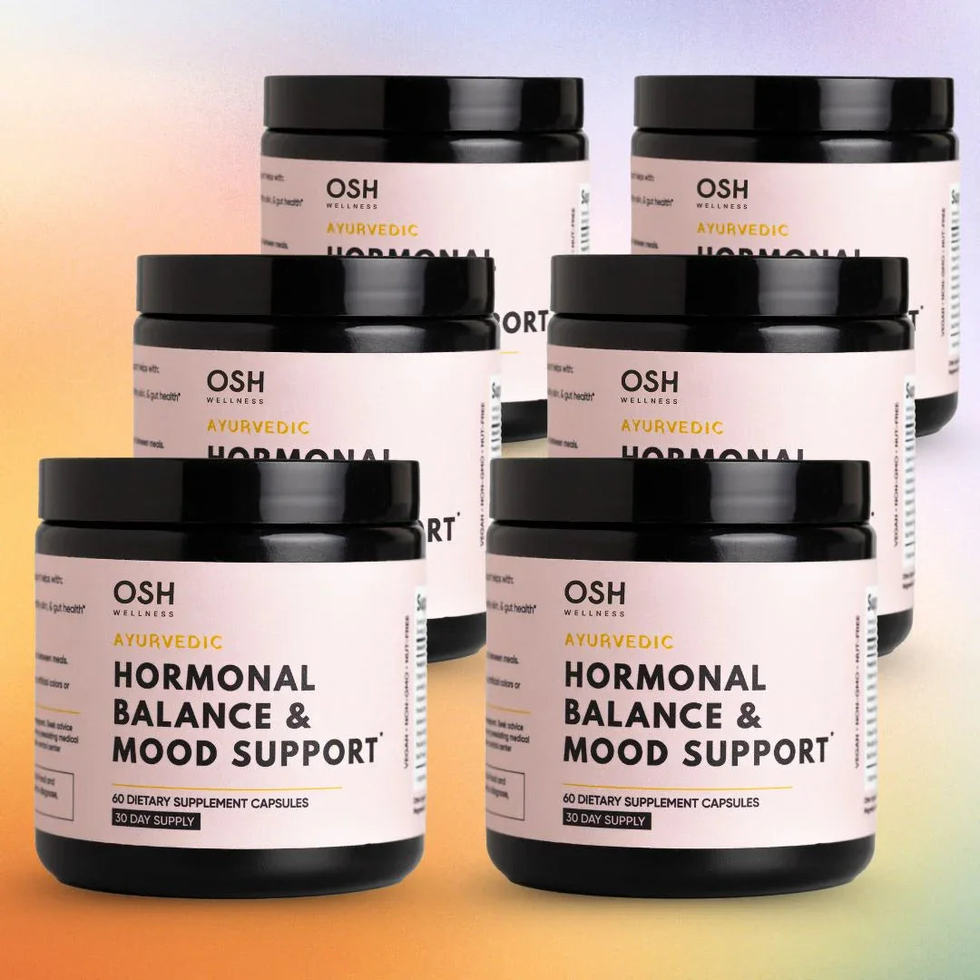 Five containers of "OSH Wellness Ayurvedic Hormonal Balance & Mood Support" dietary supplements.