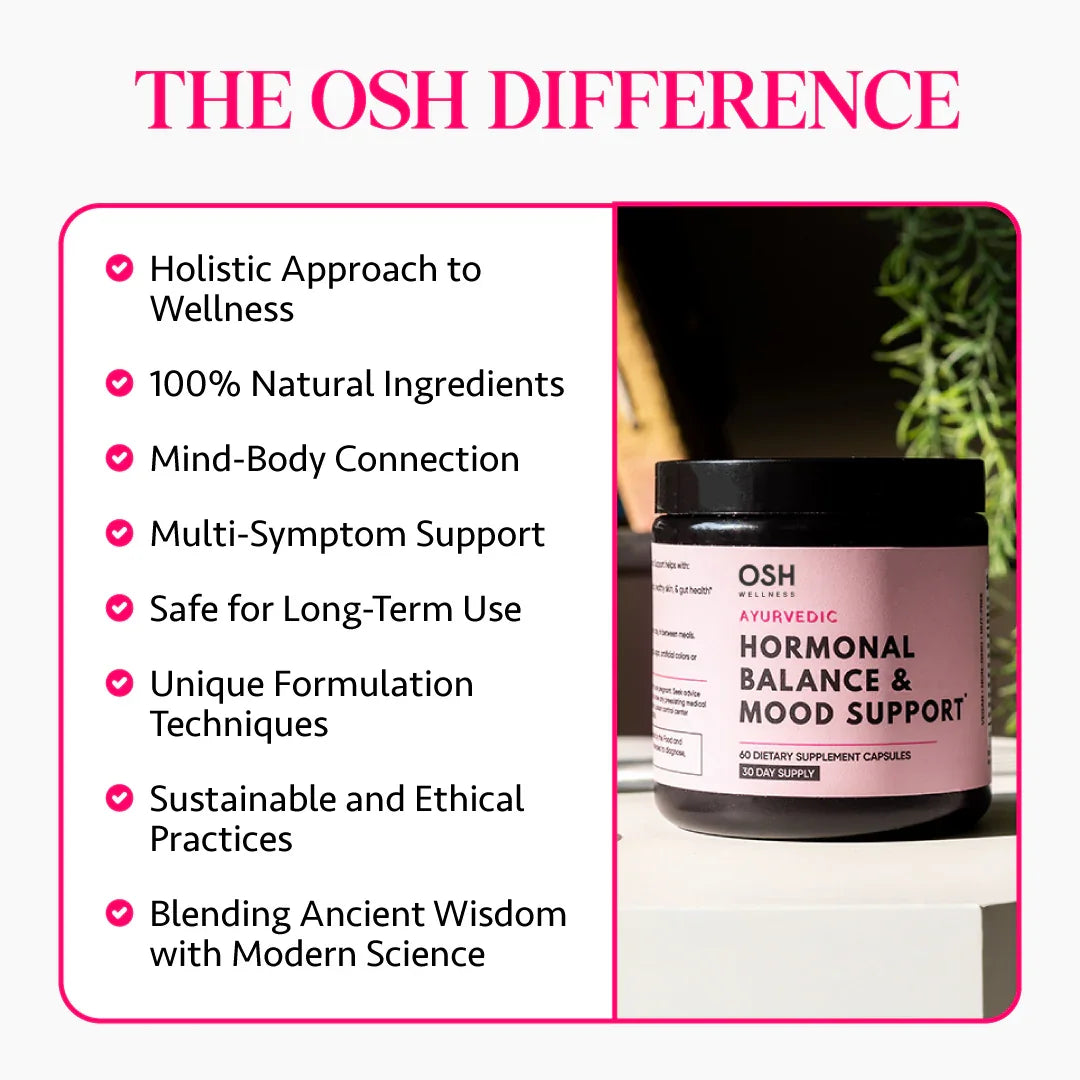 Close-up of a jar of OSH Ayurvedic Hormonal Balance & Mood Support capsules.