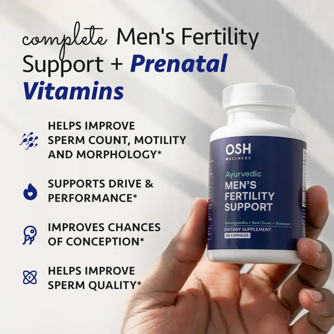 Close-up of a hand holding a bottle of OSH Wellness Ayurvedic Men's Fertility Support dietary supplement against a bright background.