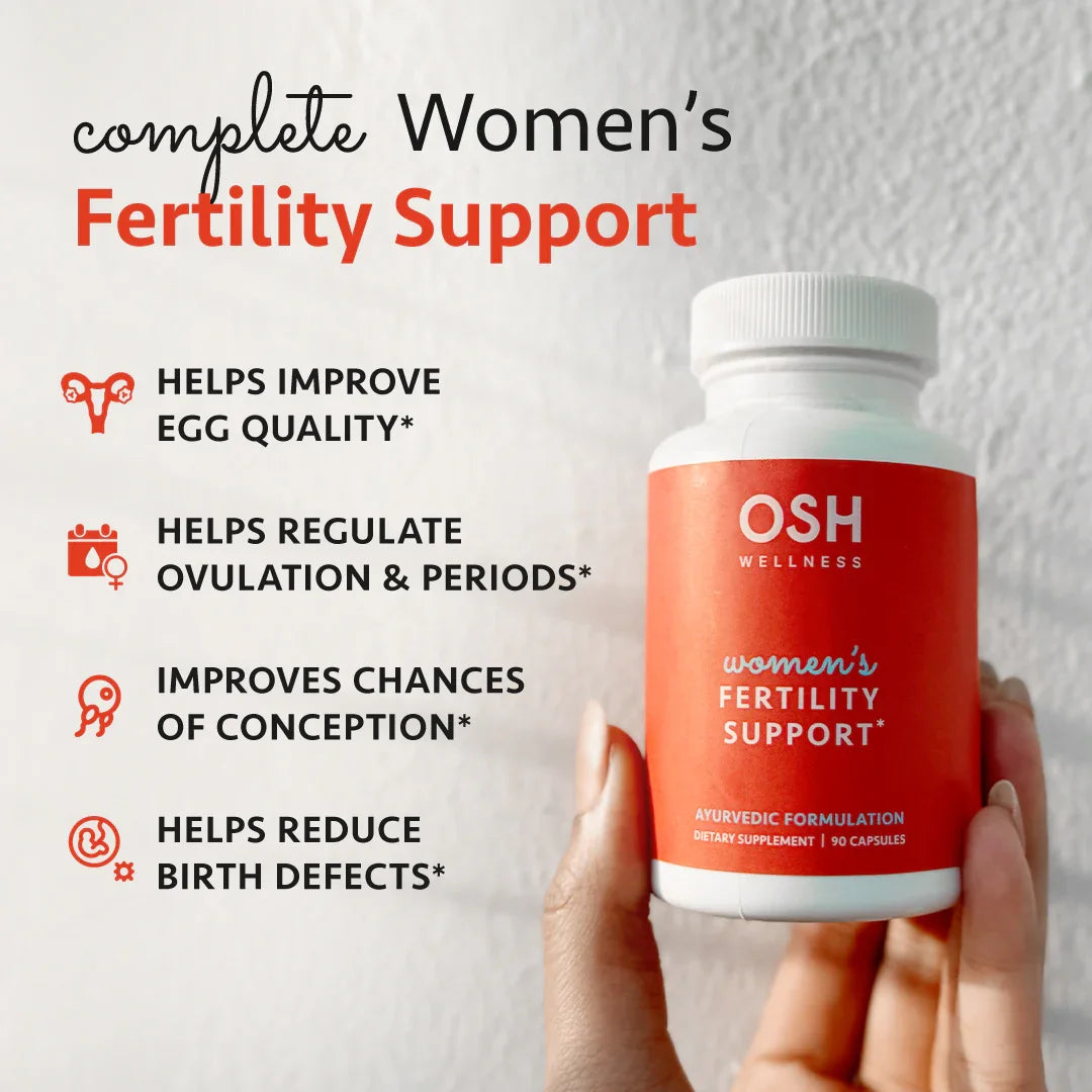 An advertisement shows a white bottle of OSH Wellness "women's fertility support" capsules held by a person with the bottle's red label facing the viewer. To the left is a list of fertility support benefits, accompanied by red icons. The words "complete Women's Fertility Support" appear at the top of the list.