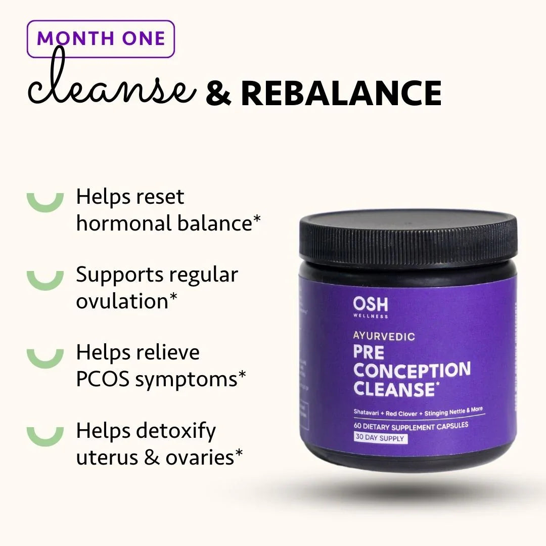 A purple jar of OSH Wellness "Ayurvedic Pre-Conception Cleanse" capsules with a black lid, positioned next to a list of benefits.