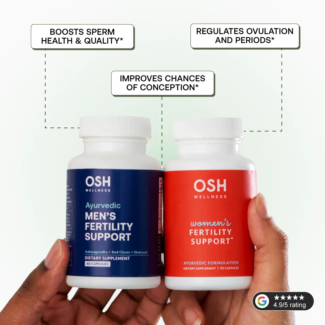 Two hands holding a blue "Men's Fertility Support" bottle and a red "Women's Fertility Support" bottle.