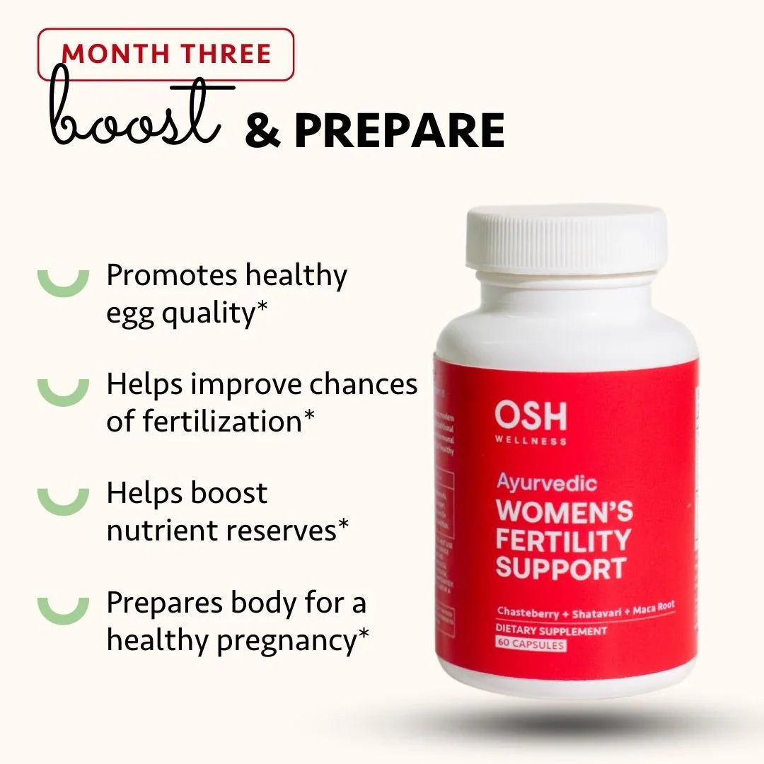 A bottle of OSH Wellness Ayurvedic Women's Fertility Support dietary supplement.