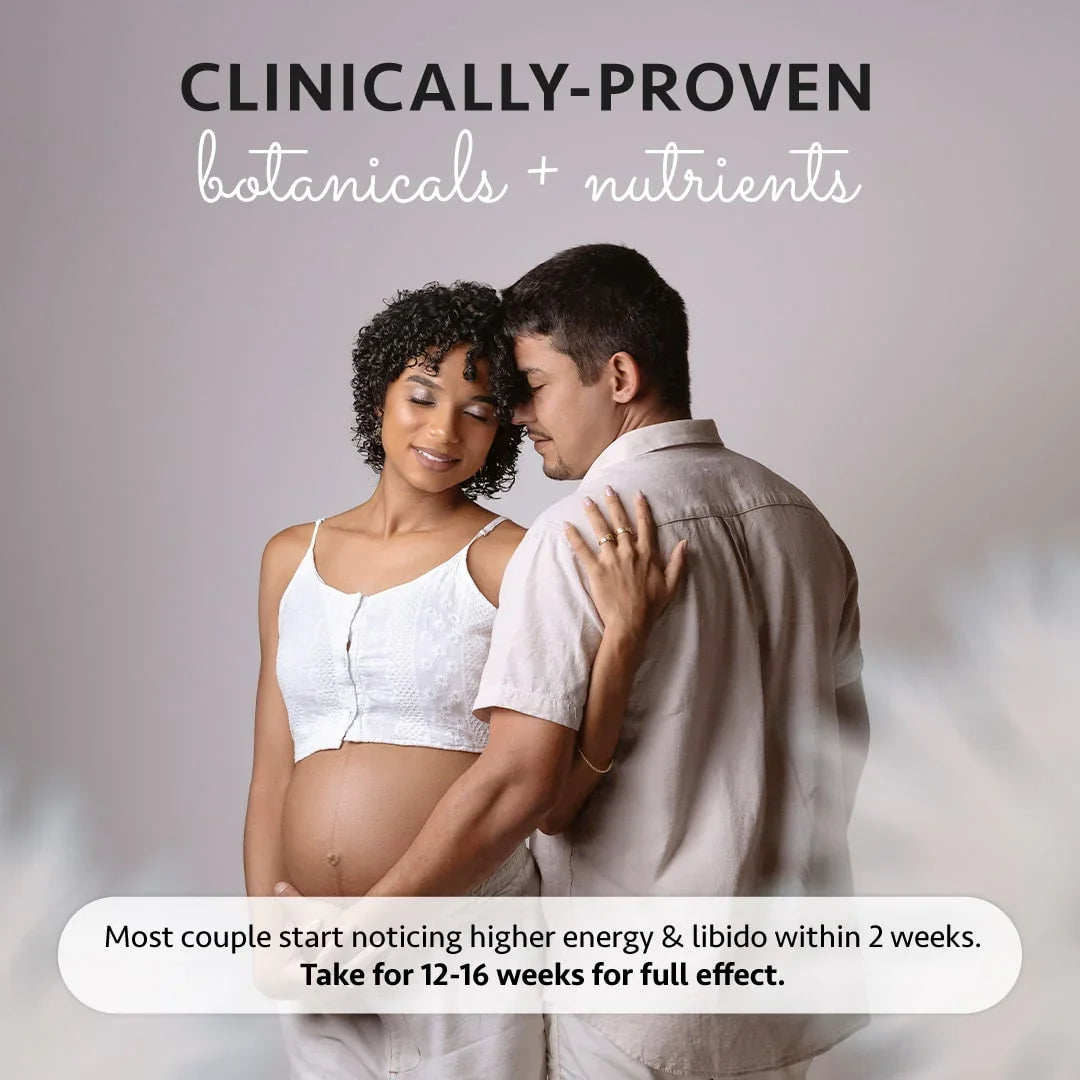 A pregnant woman and her partner embrace with text overlay stating "clinically-proven botanicals and nutrients."