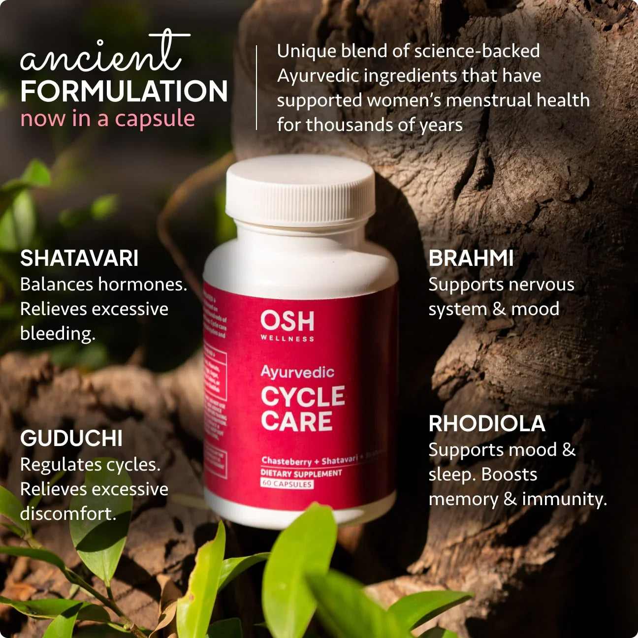 Bottle of OSH Ayurvedic Cycle Care dietary supplement with ingredients highlighted against a natural backdrop.