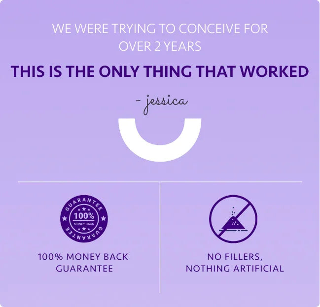 Purple square ad with testimonials, money back guarantee, and no fillers text.