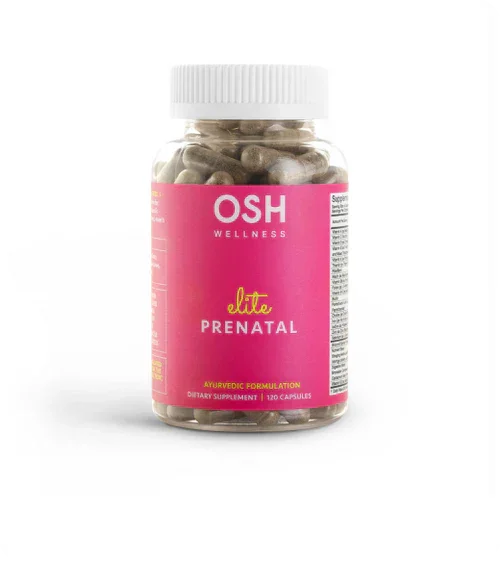 Bottle of OSH Wellness Elite Prenatal vitamins.