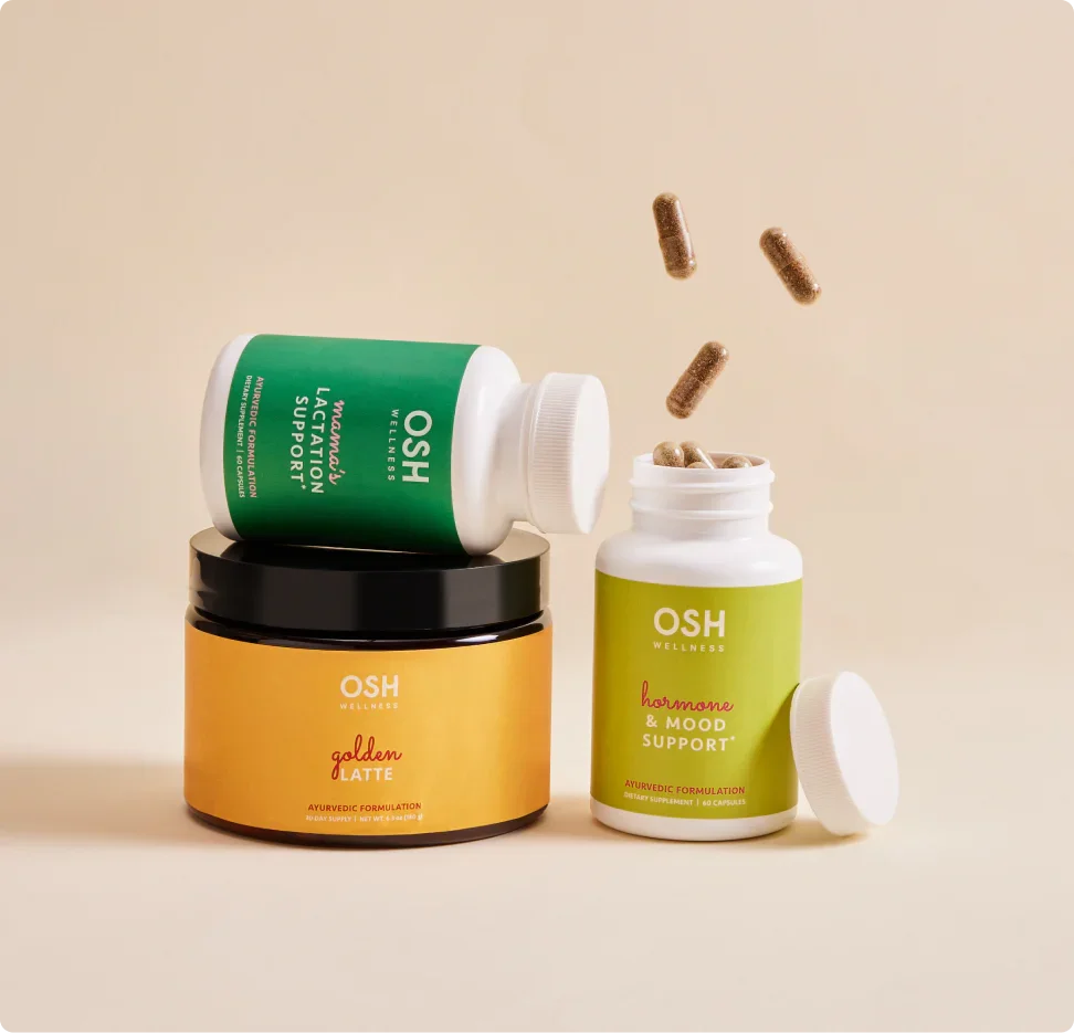Product display of OSH Wellness supplements and golden latte.