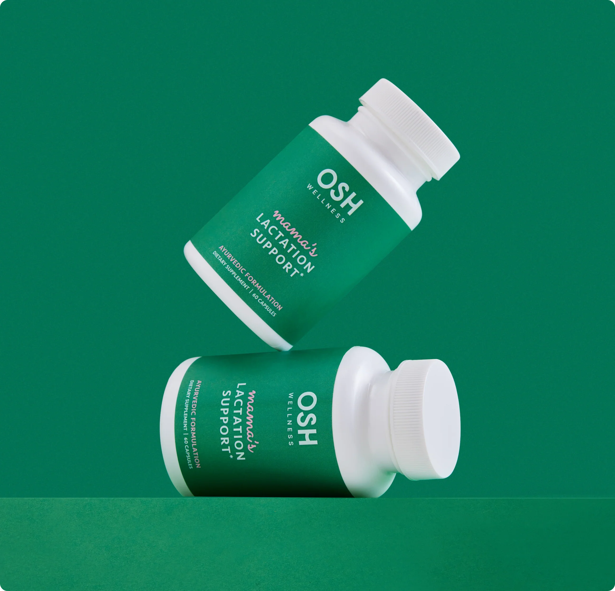Two OSH Wellness lactation support products on a green background