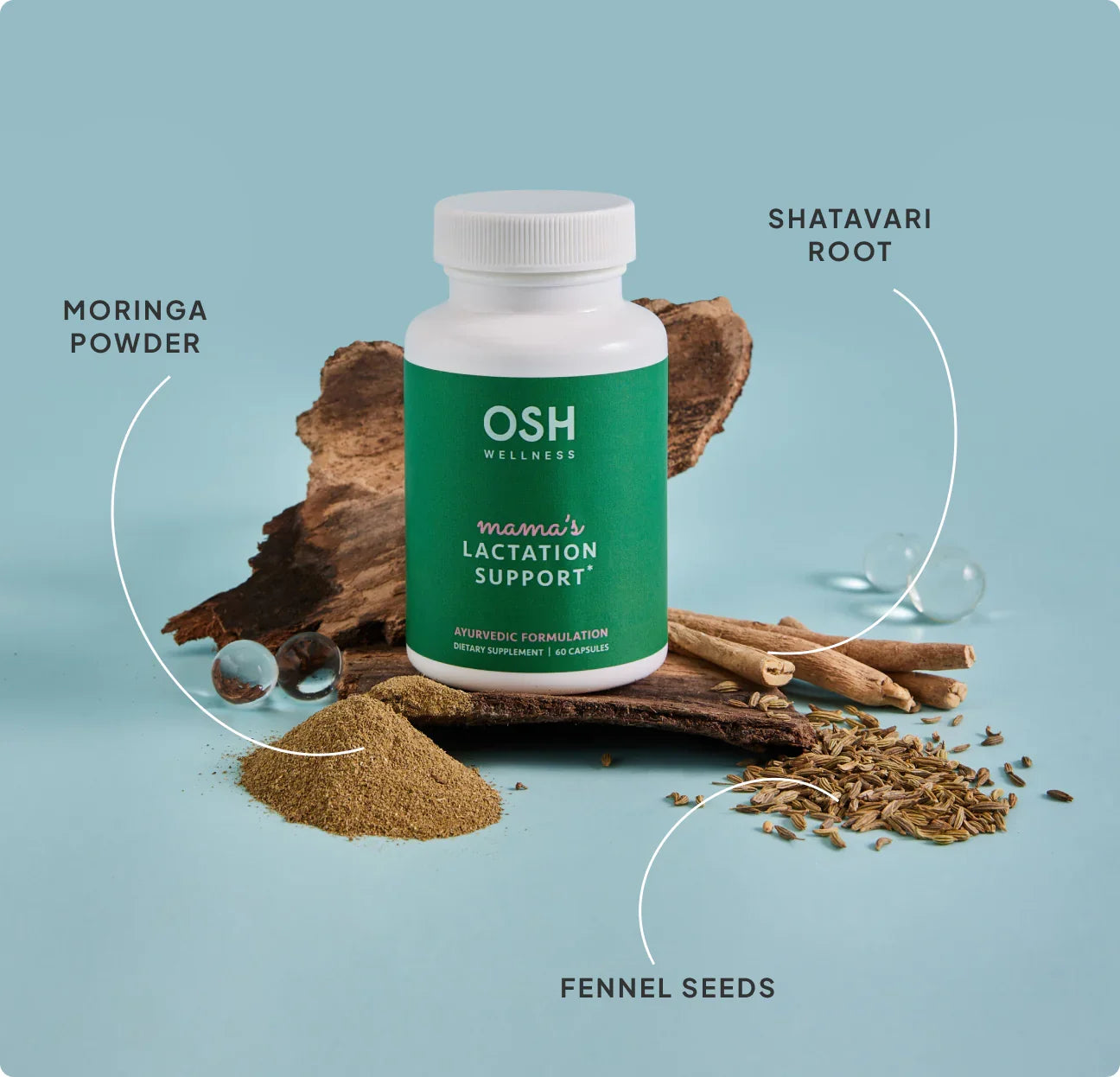 Product image of an OSH Wellness "Mama's Lactation Support" bottle with moringa powder, fennel seeds, and shatavari root ingredients.