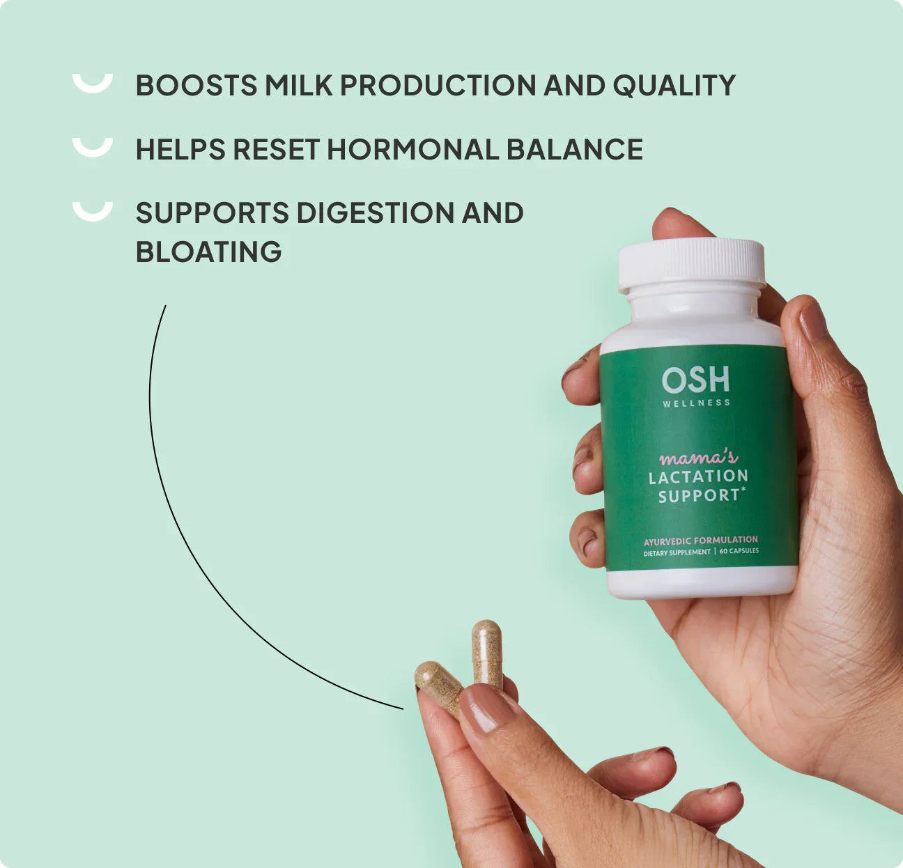 Hand holding a bottle of OSH Wellness lactation support supplement with text on a light green background