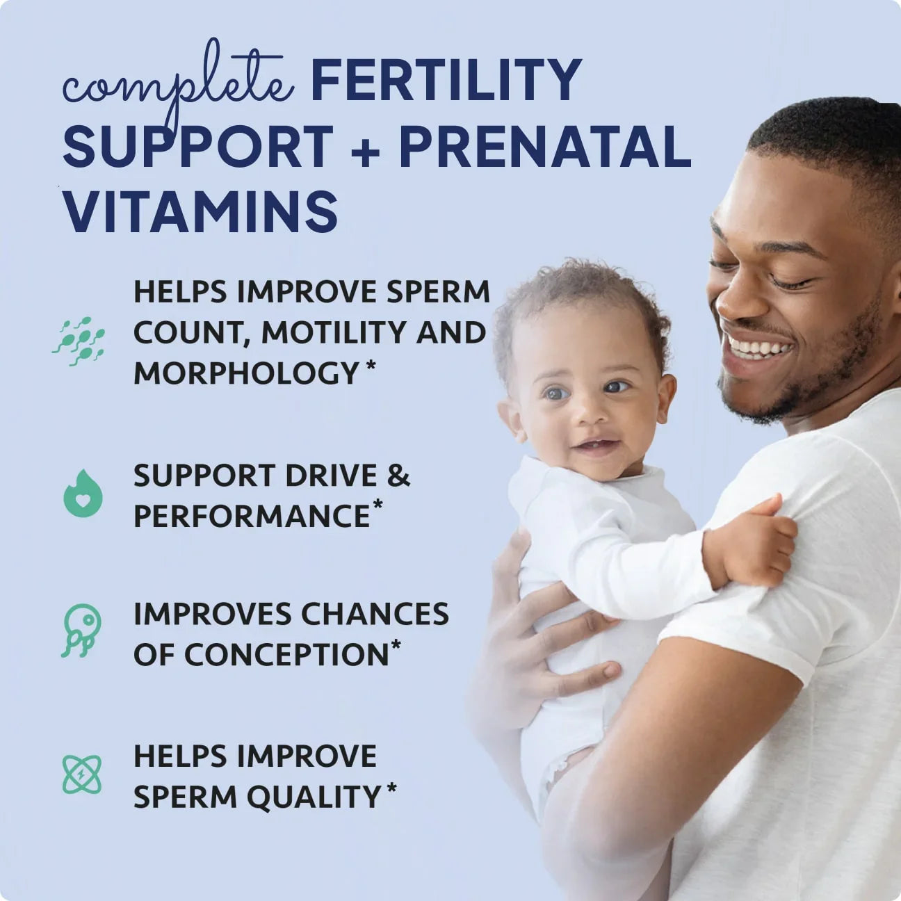 An advertisement for fertility support vitamins featuring a smiling Black man holding a baby.