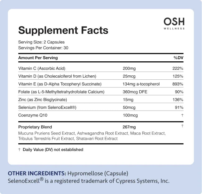 Supplement facts label listing vitamin, mineral, and proprietary blend ingredients.