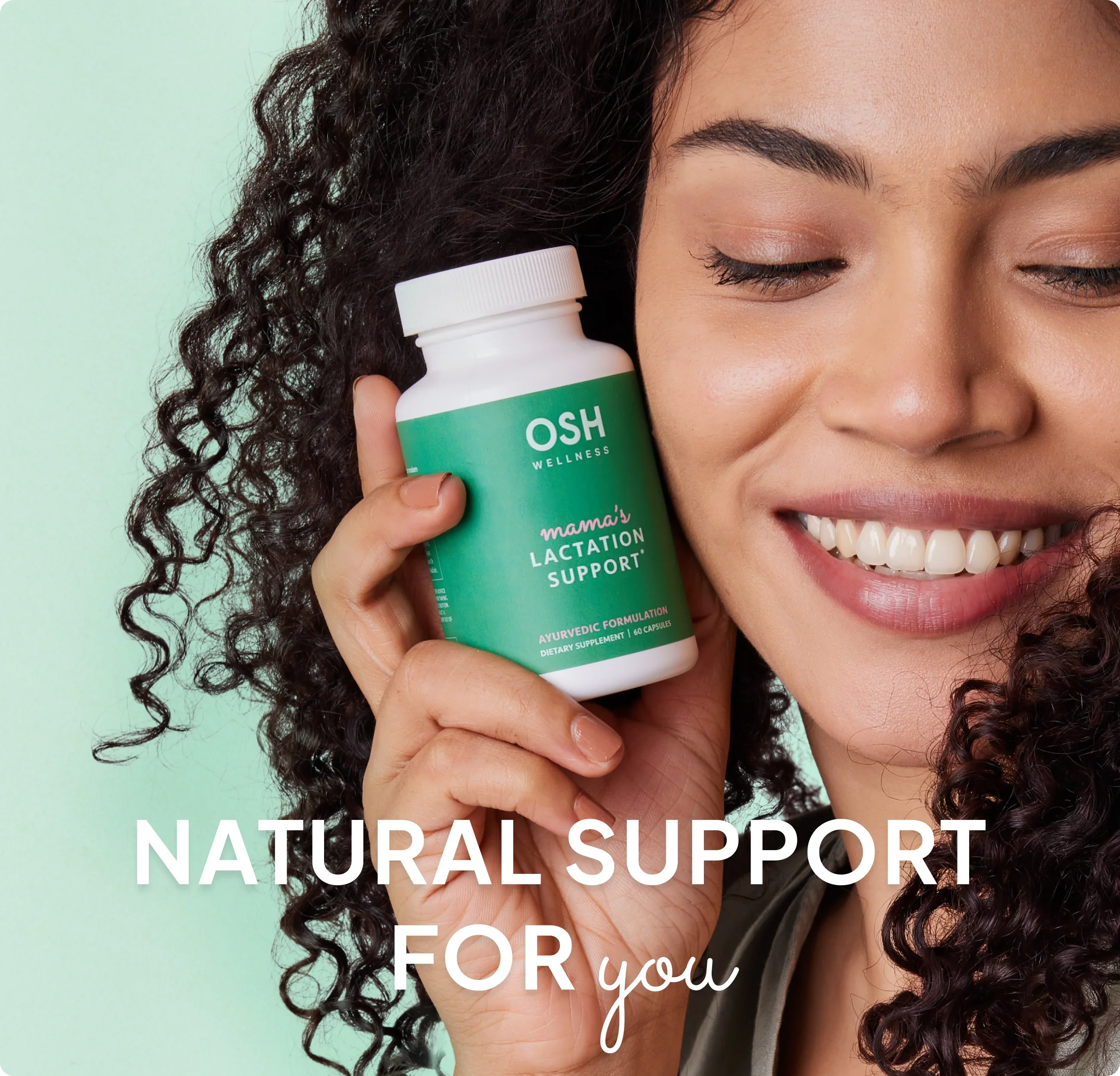 A woman with curly hair holds a bottle of lactation support capsules in a product advertisement.