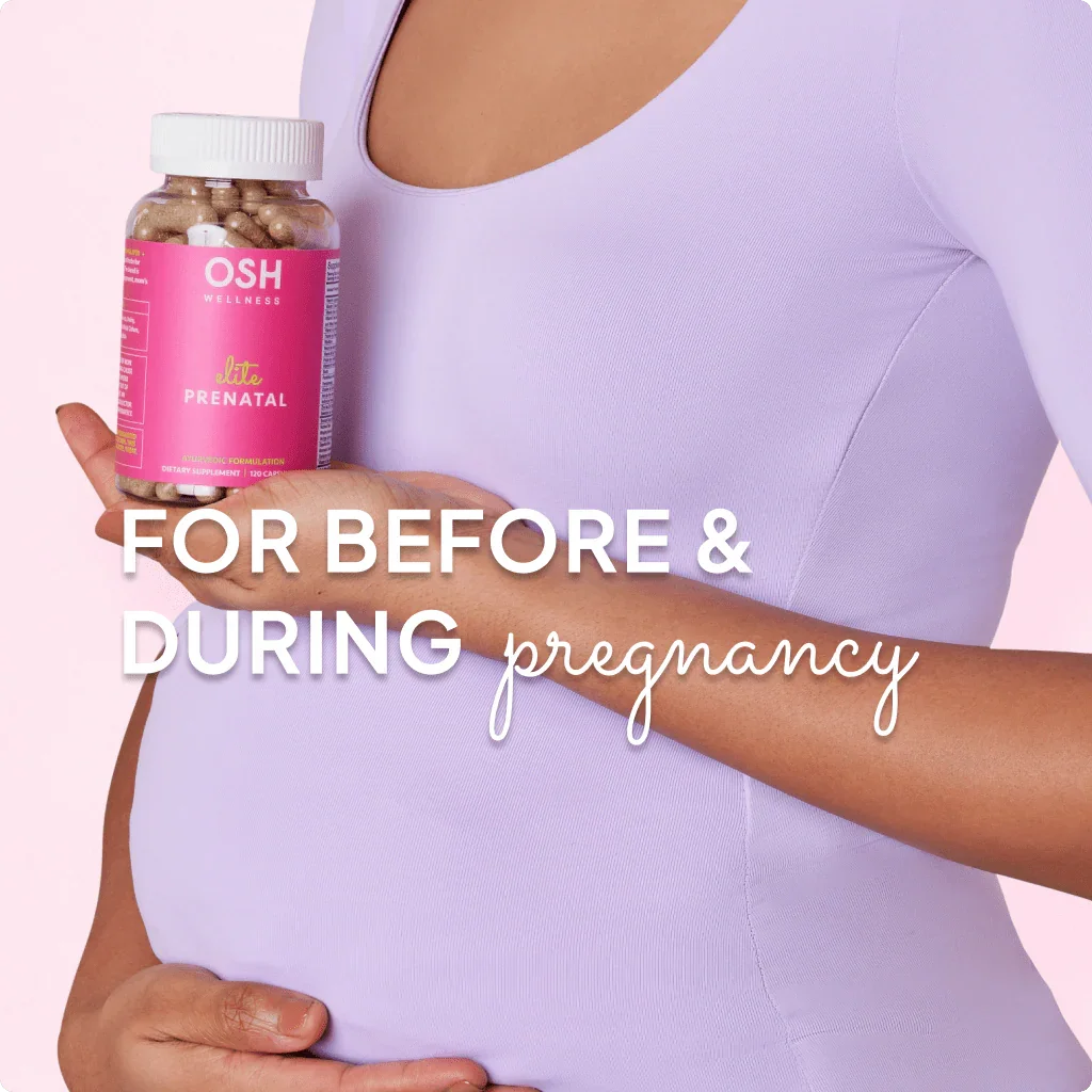 A pregnant woman in a light purple dress holds a bottle of OSH Wellness Elite Prenatal vitamins.