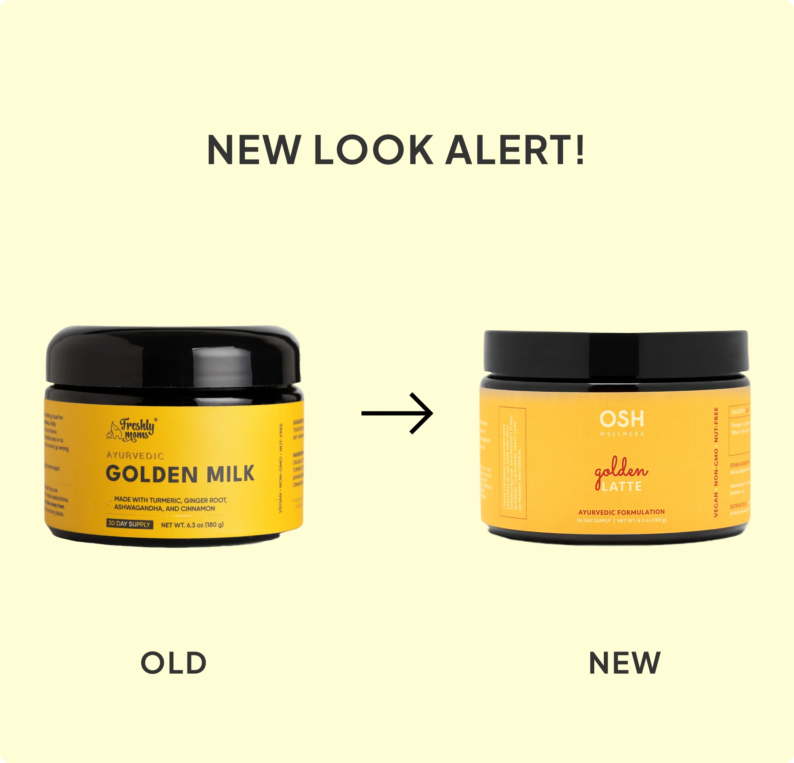 Two jars with yellow labels showing a rebranding of "Golden Milk", with an arrow between them.