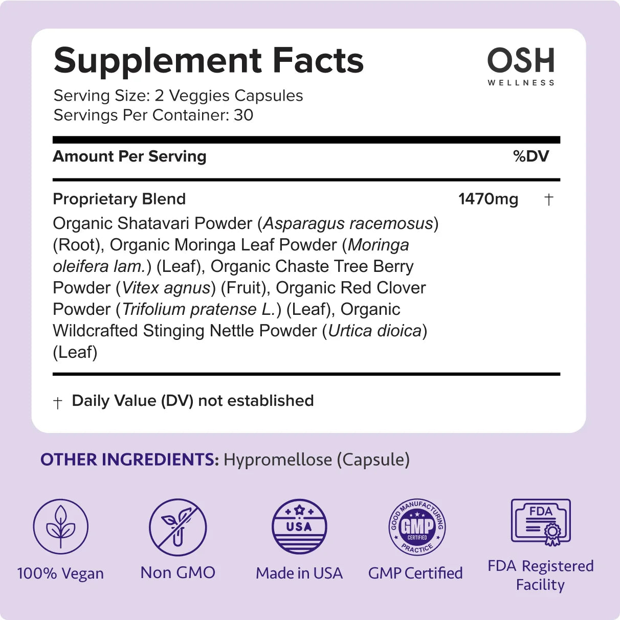 Supplement facts label from OSH Wellness.