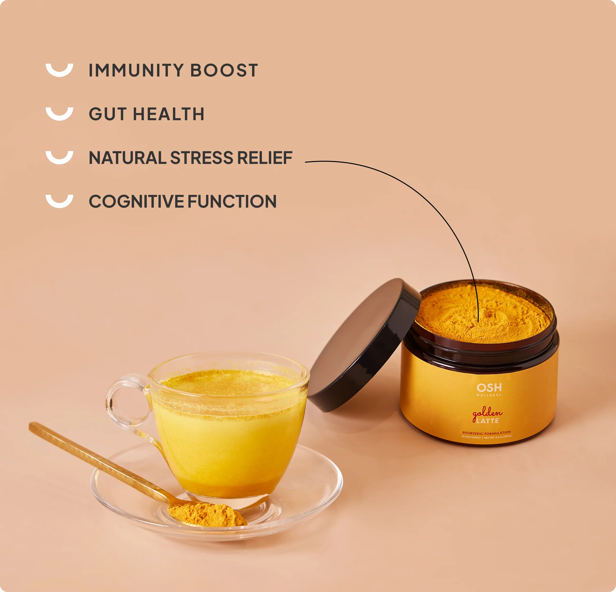 A cup of golden milk and a jar of golden latte powder with health benefits listed on the left.