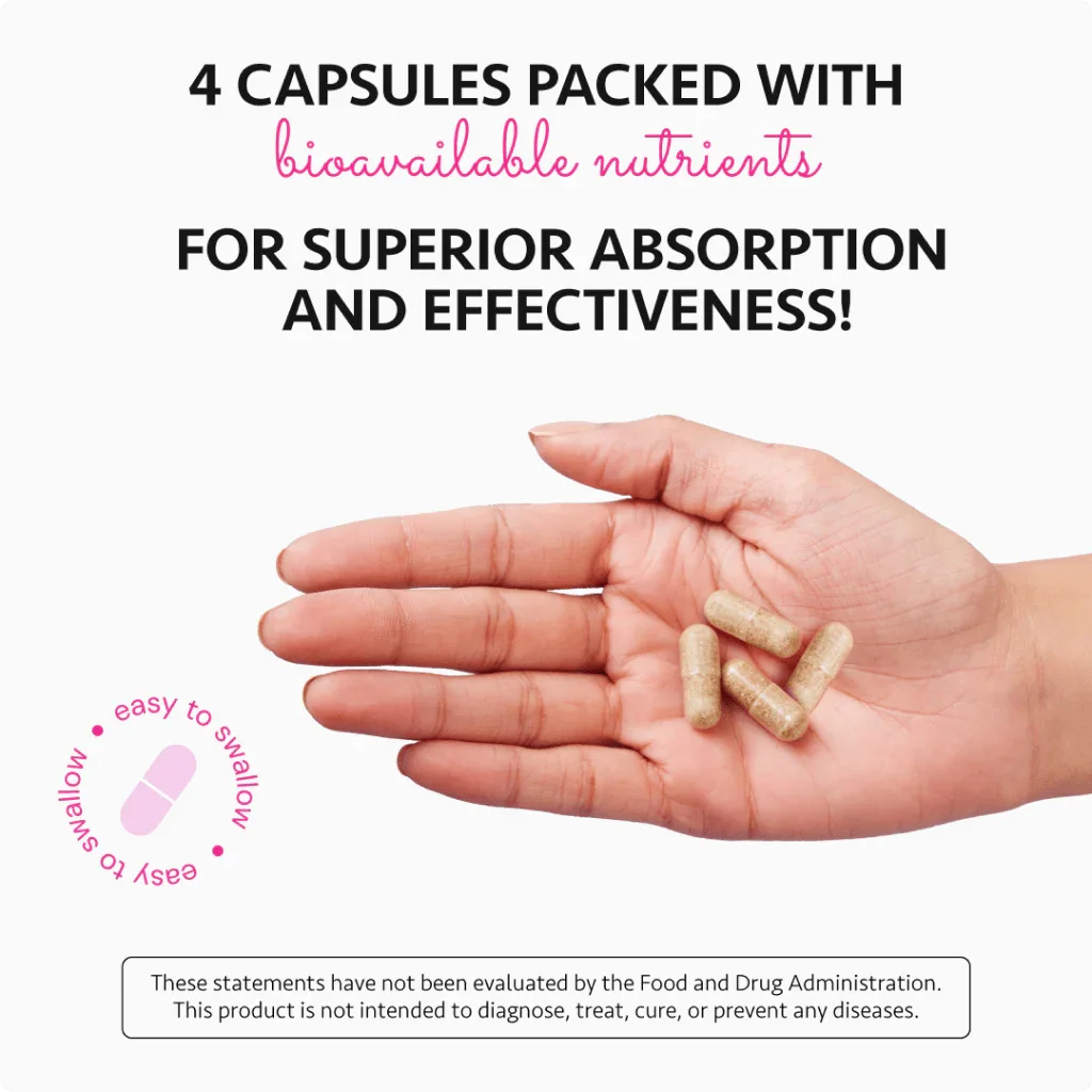 A hand holding four capsules. The text promotes bioavailability and absorption.