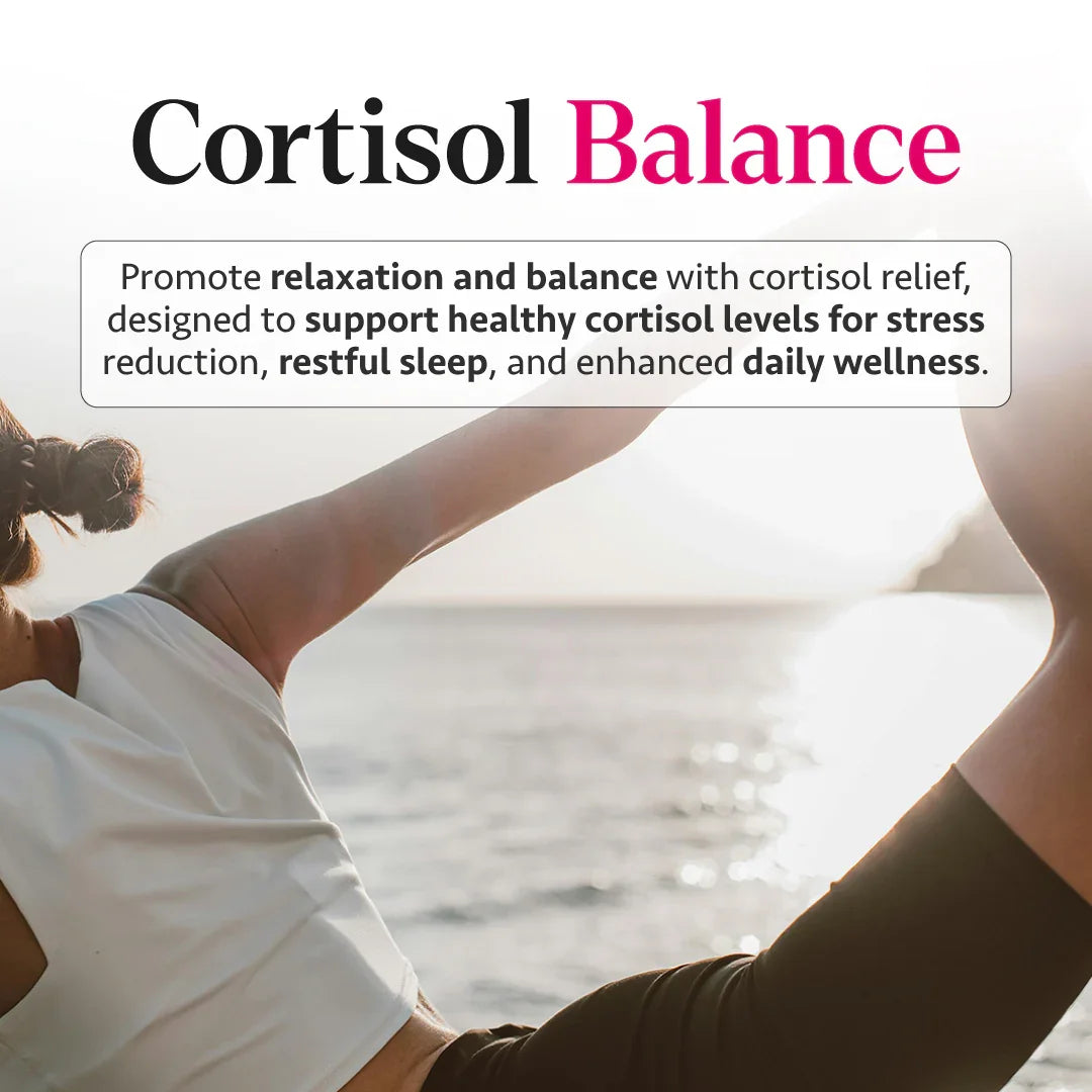 A person does yoga on a beach at sunset, above the text "Cortisol Balance" in black and pink, and a white box with text about cortisol relief.