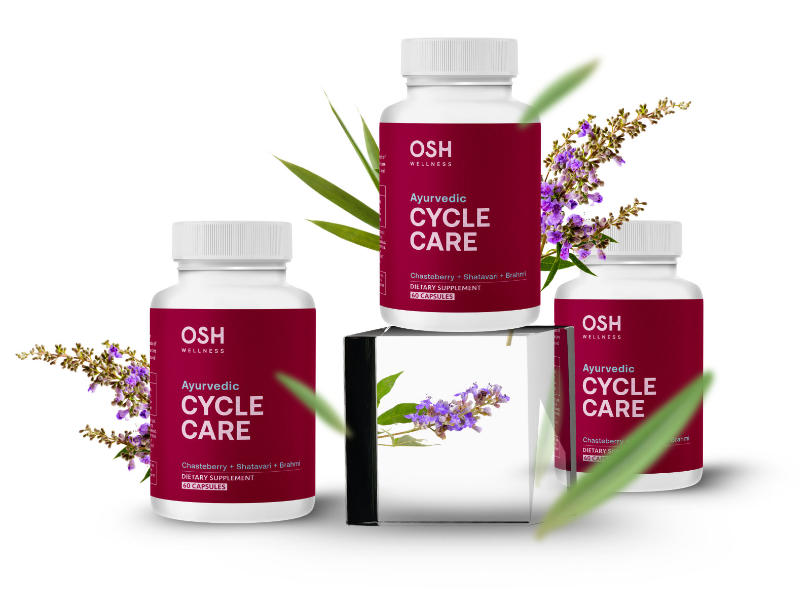 3 jars of Osh Wellness Cycle care in a studio shot
