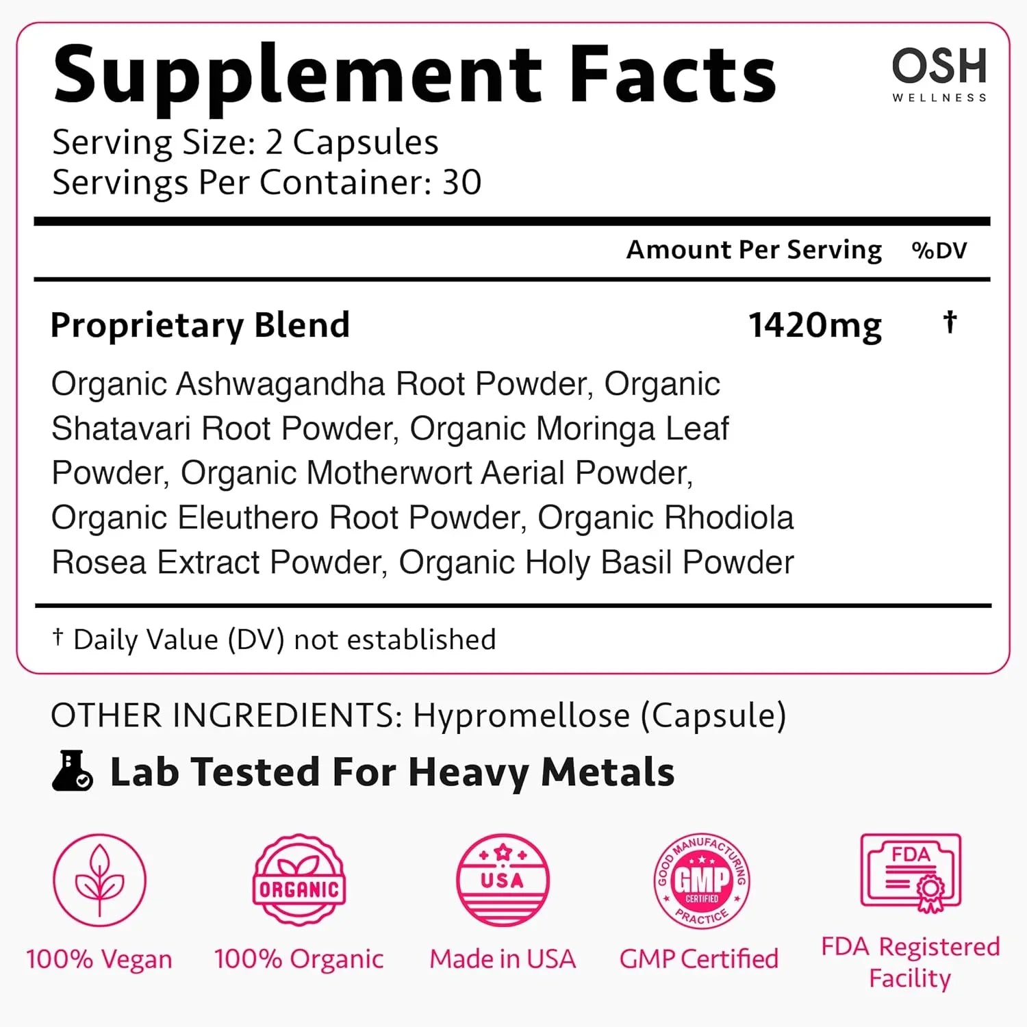 A supplement facts label for a wellness product.