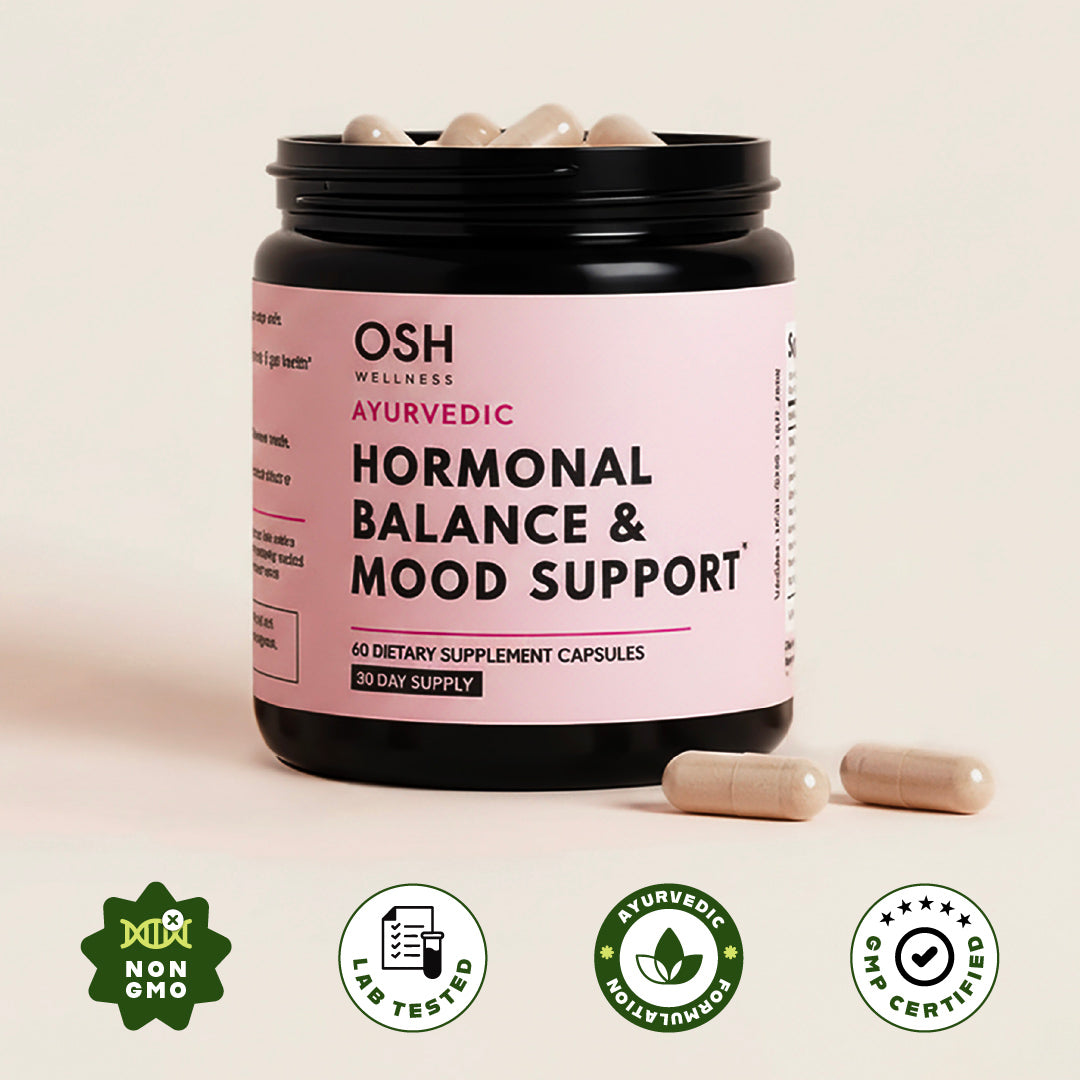 Osh Wellness hormonal balance and mood support supplement container with capsules on a light background