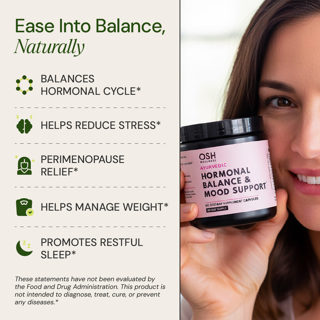 Woman holding a Osh Hormone & Mood Support with product details 