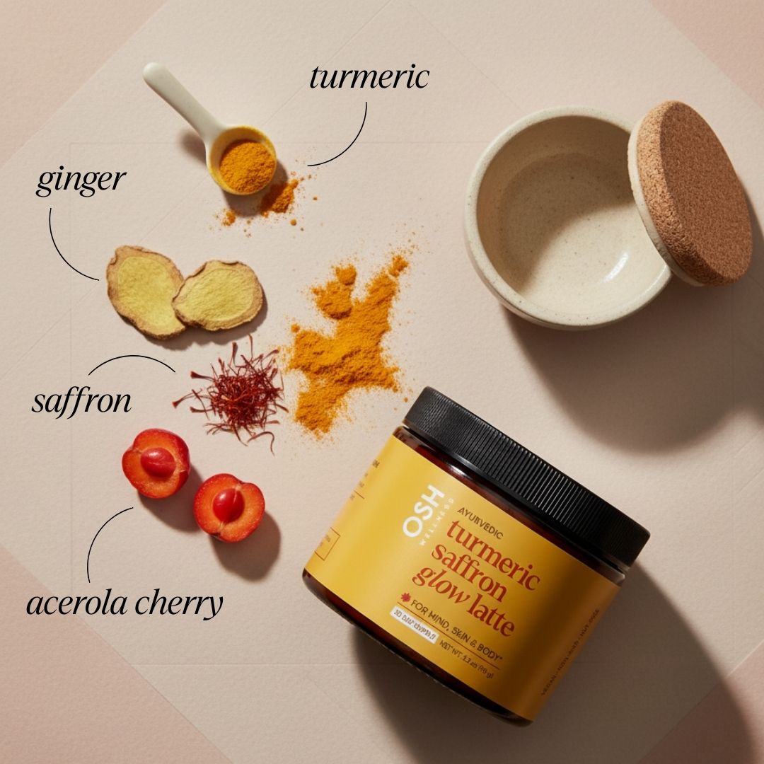Ingredients for a turmeric saffron glow latte on a light surface with a container labeled 'Osh'.