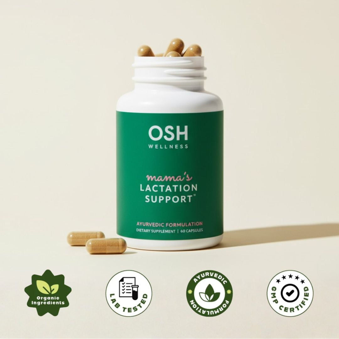 Pills in a white container, OSH Mama's Lactation Support, with icons for organic, lab tested, and Ayurvedic formulation.
