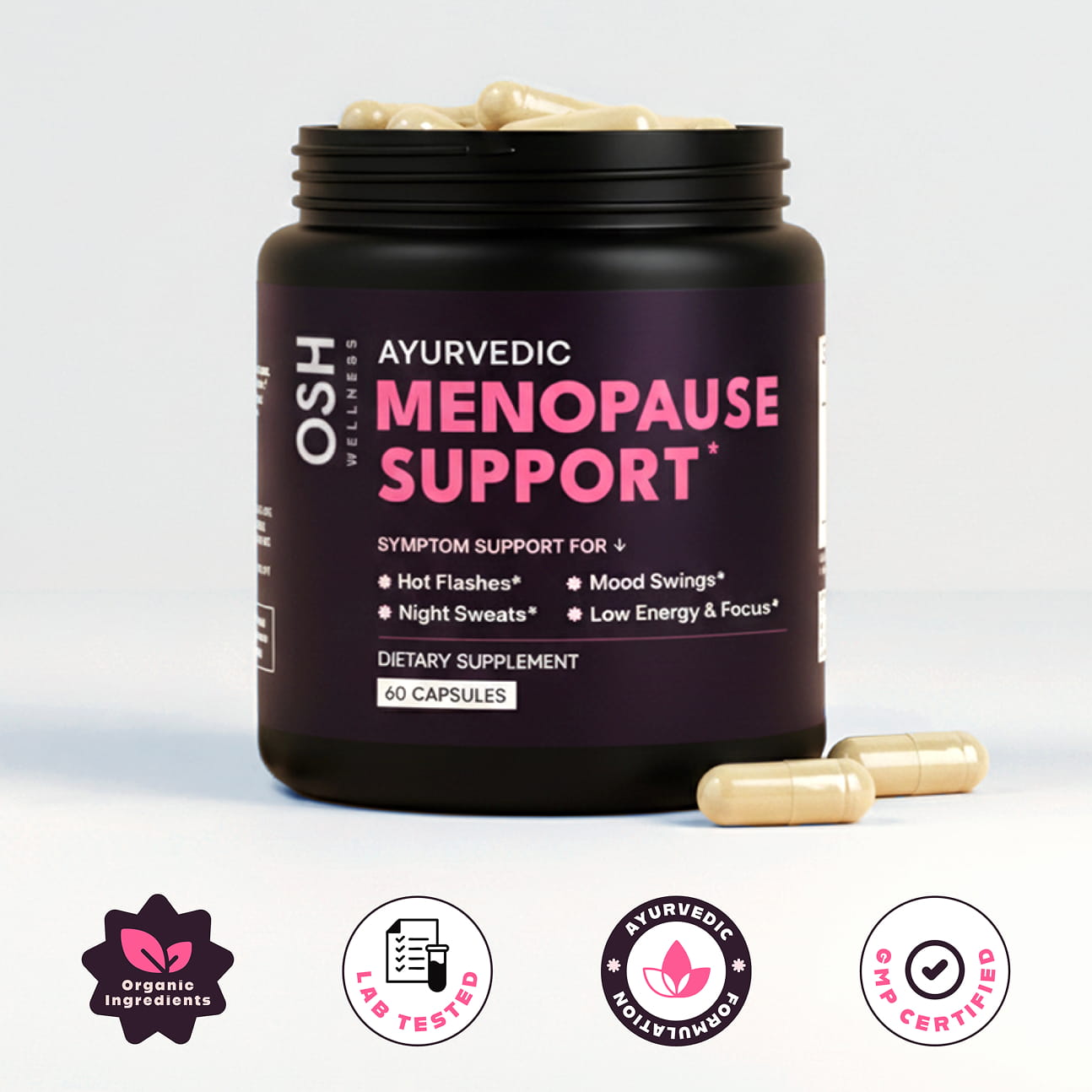 Menopause support supplement container with capsules on a light background