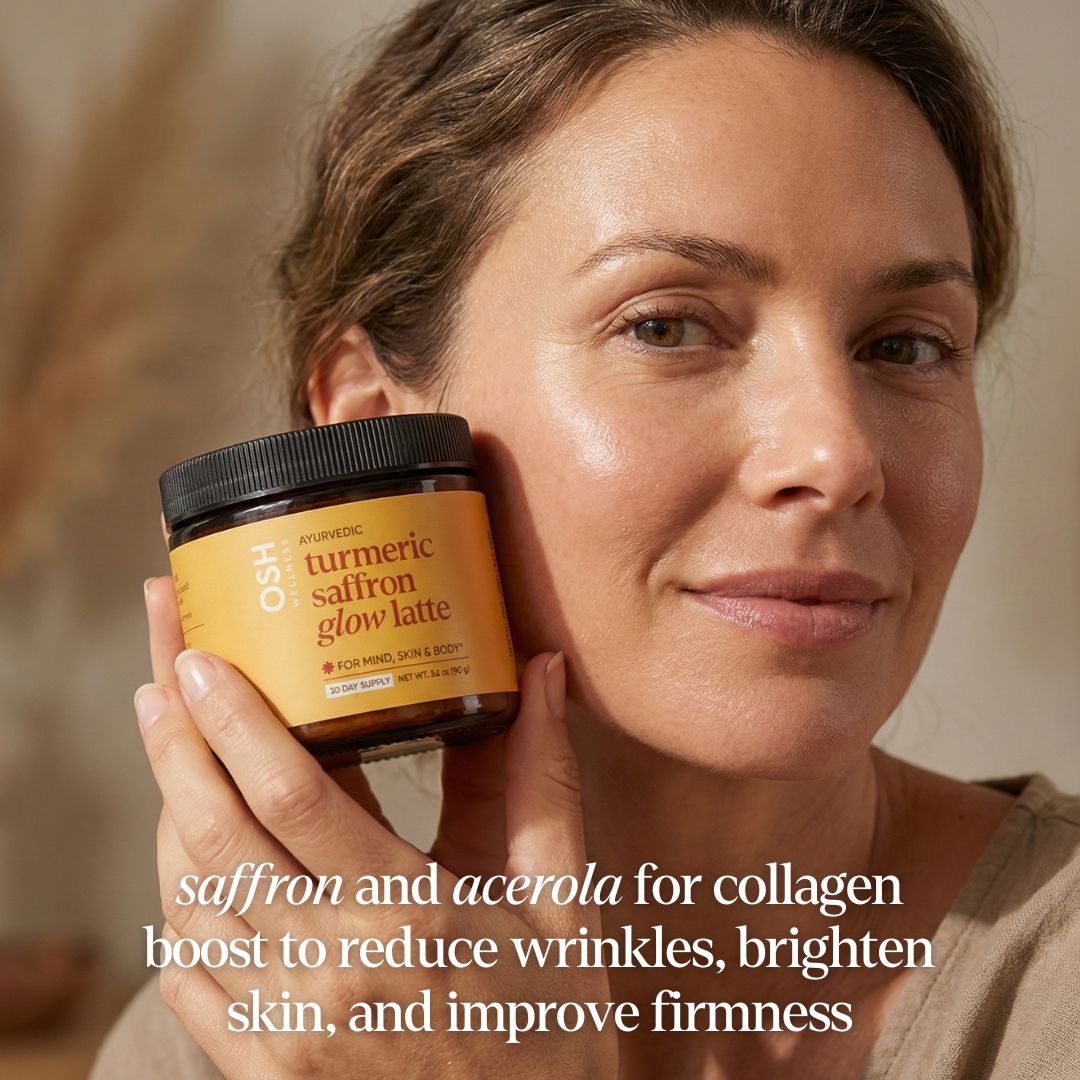 Woman holding a jar of Osh Glow Latte product with text about its benefits.